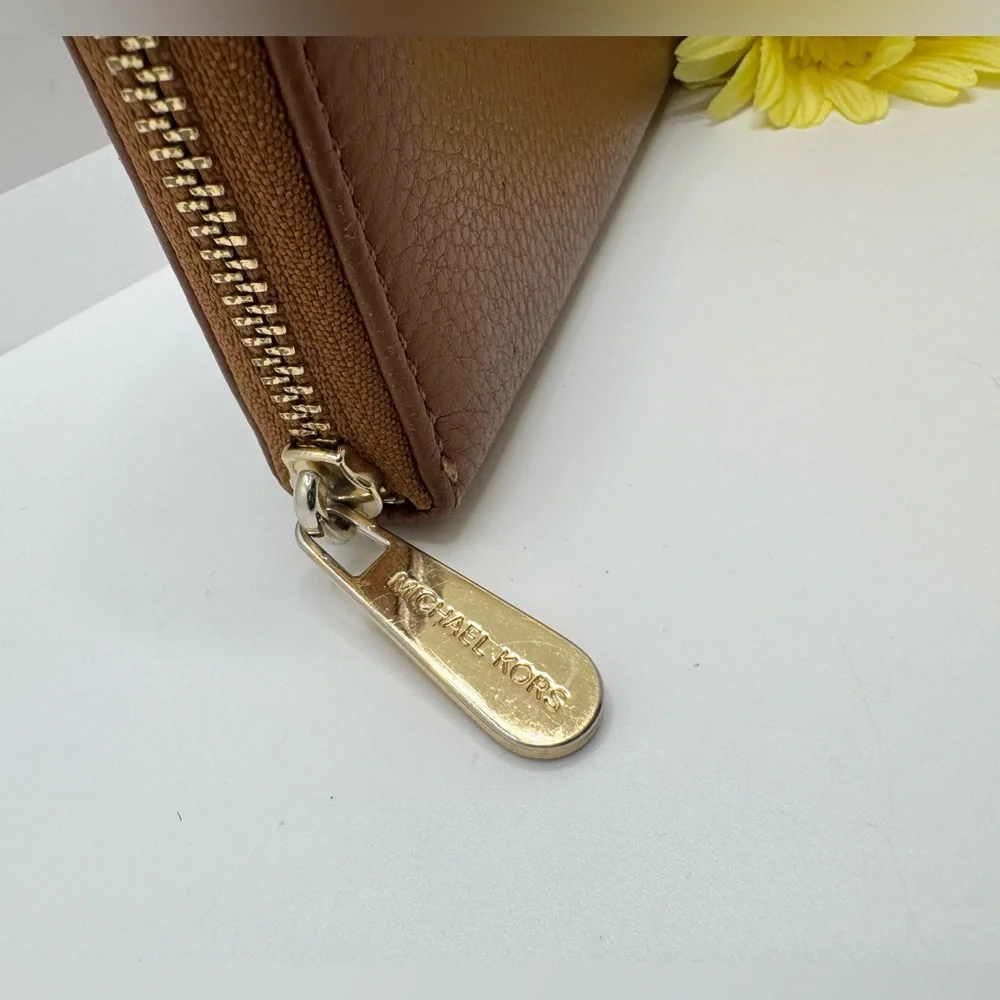 Michael Kors Chestnut Leather Zip Around Wallet Clutch Gold Accents